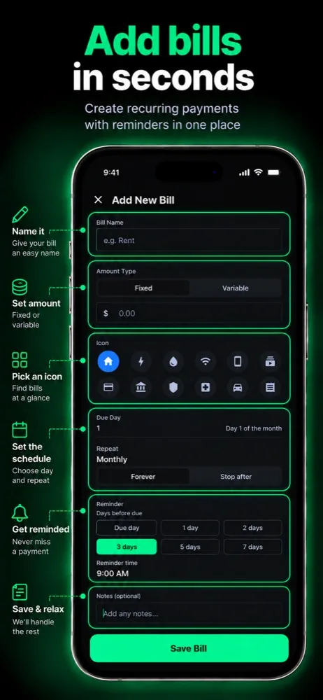 Bill Check adding a bill in seconds