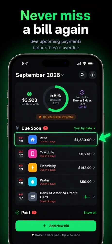 Bill Check monthly overview with due-soon bills and on-time streak