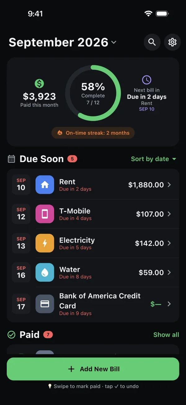 Bill Check dashboard: paid this month, progress ring and bills due soon