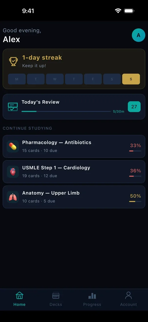 MedBlitz home screen: study streak, today's review and decks to continue