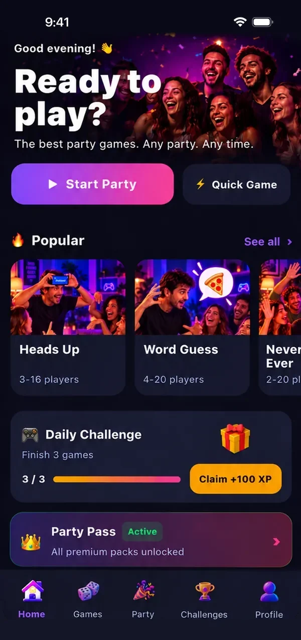 Partivo home screen: ready to play, popular games