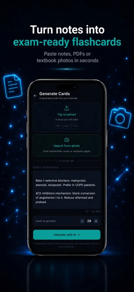 MedBlitz generating flashcards from notes, PDFs and photos