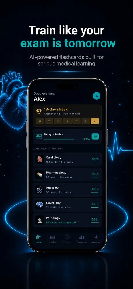 MedBlitz home screen with study streak and decks