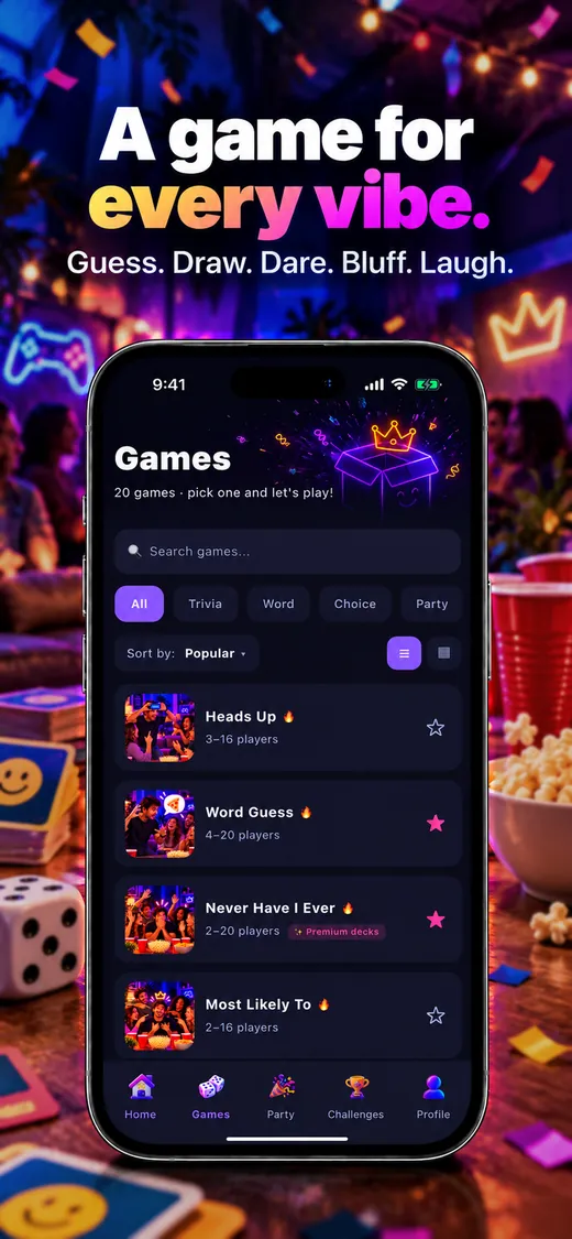 Partivo games list: a game for every vibe