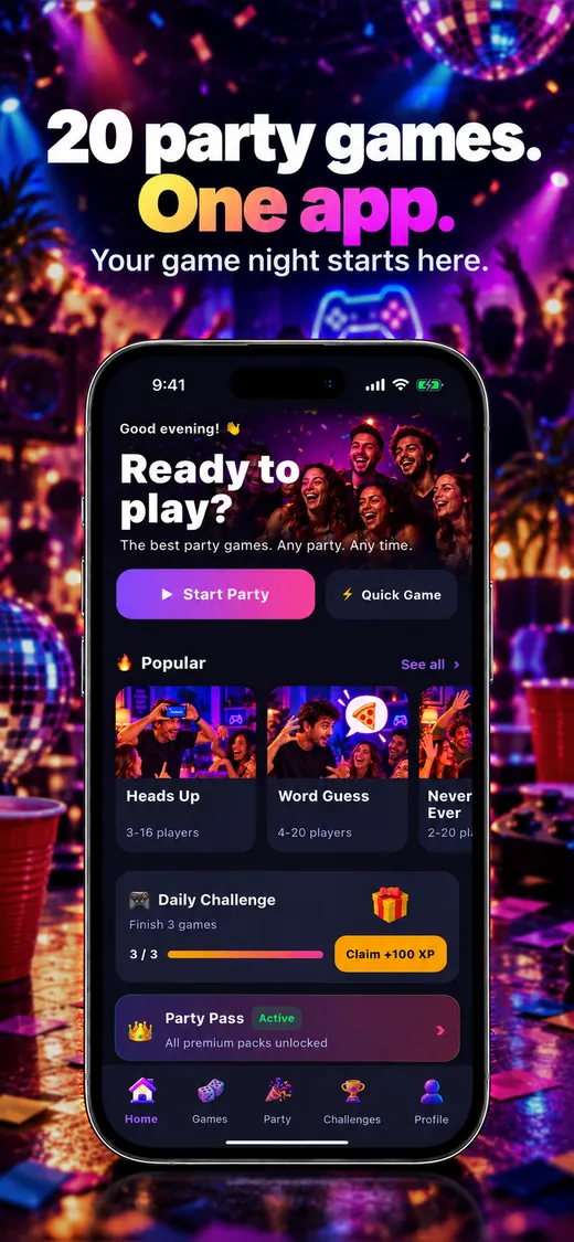 Partivo home screen: 20 party games, one app