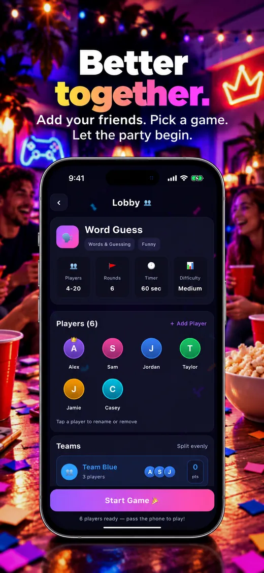 Partivo lobby with players and teams