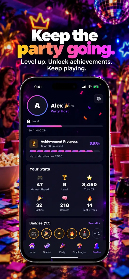 Partivo profile with level, achievements and stats