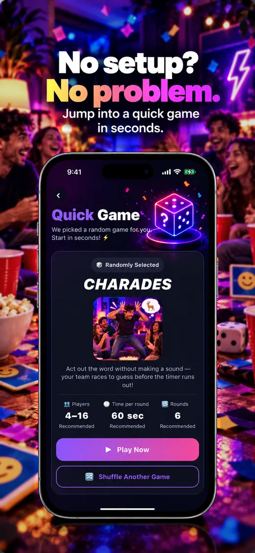 Partivo Quick Game picking a random game: Charades