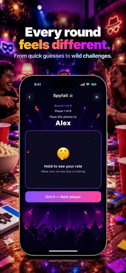 Partivo Spyfall round: pass the phone, hold to see your role